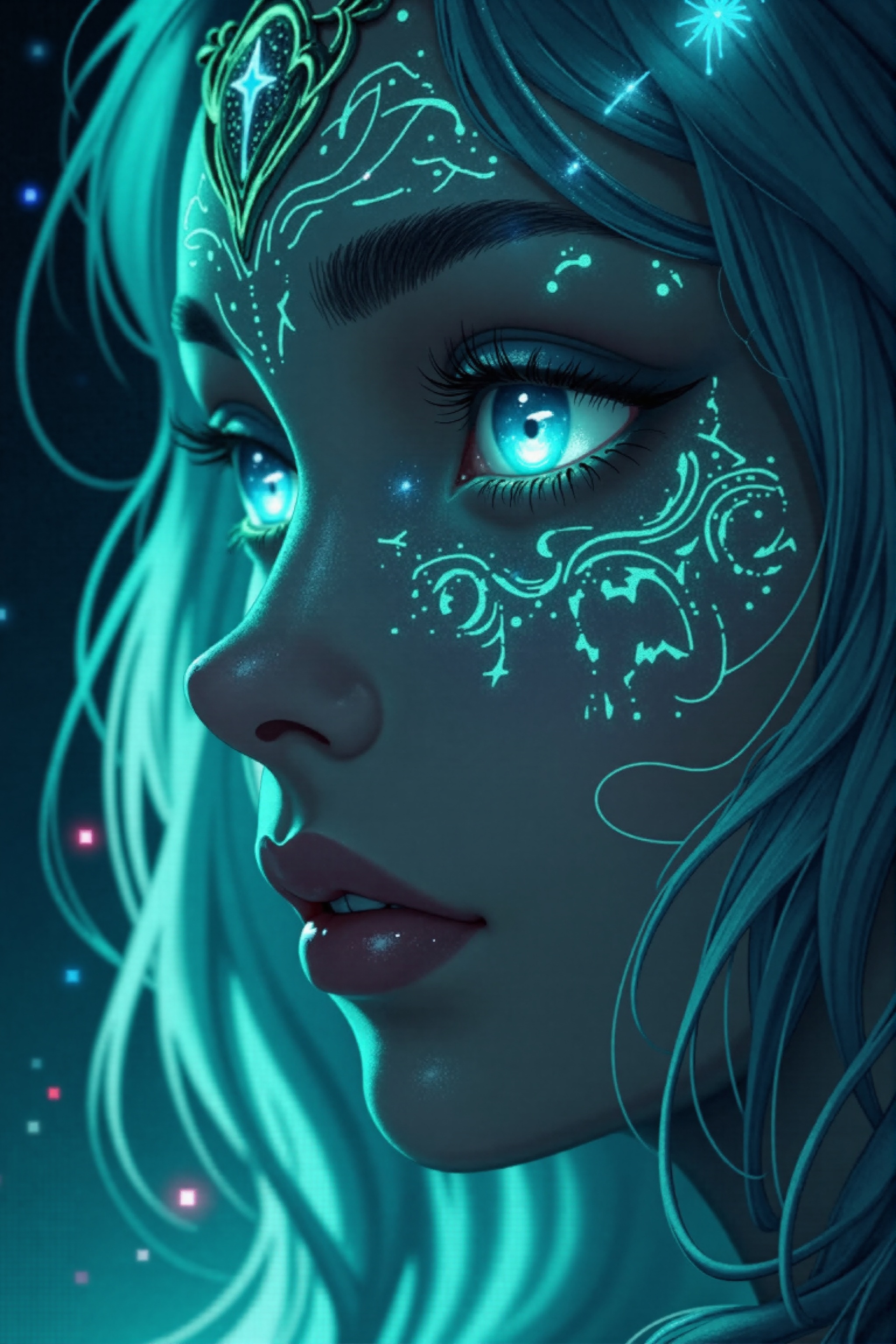 Create a close-up image of a fantasy elf’s face. Her skin glows with a soft,  ethereal light and is adorned with neon tatt...