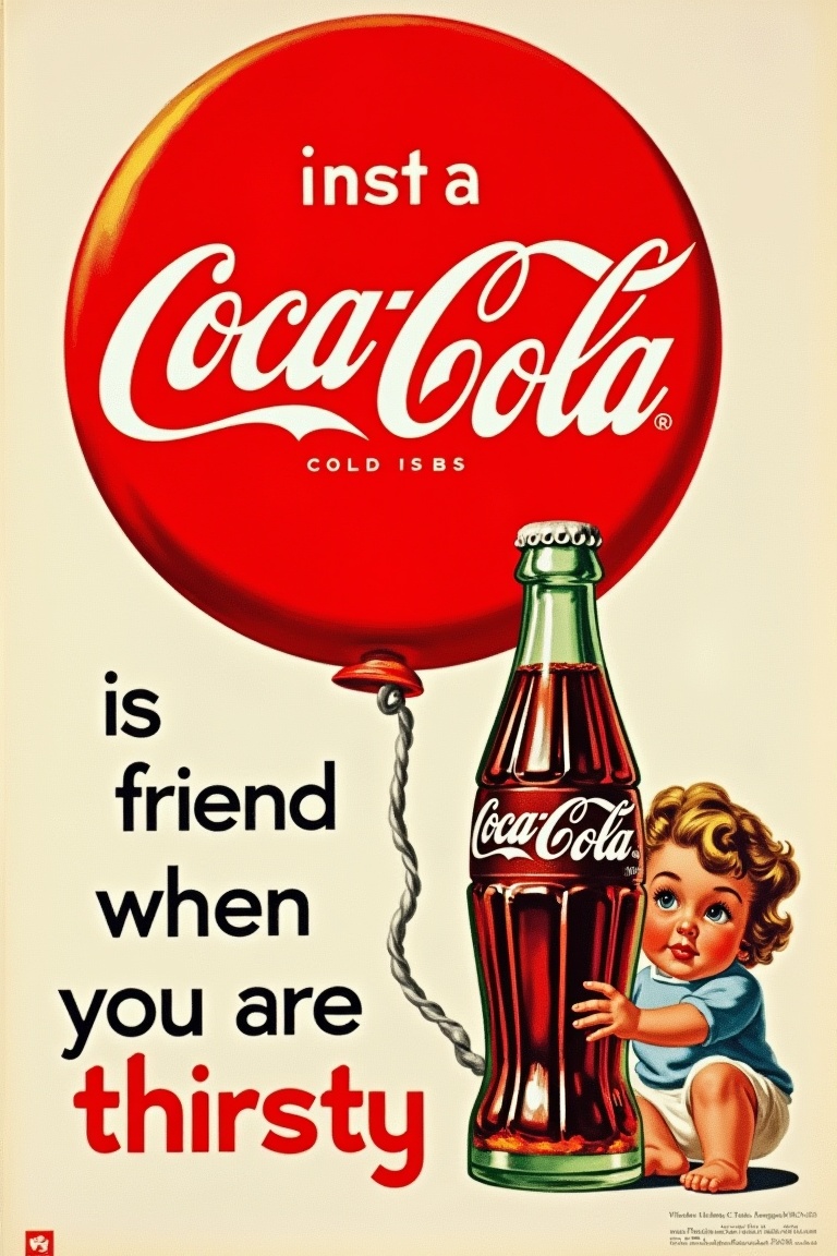 Coca Cola advertisement,  there is an advertisement saying "Coca Cola is your friend when you are thirsty",  American vint...