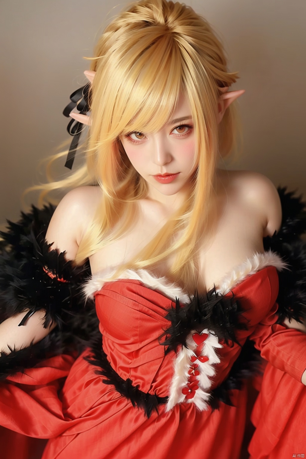 1girl solo long hair breasts smile blonde hair gloves dress ribbon bare shoulders hair ribbon yellow eyes pointy ears elbow gloves red dress oshino shinobu kiss-shot acerola-orion heart-under-blade