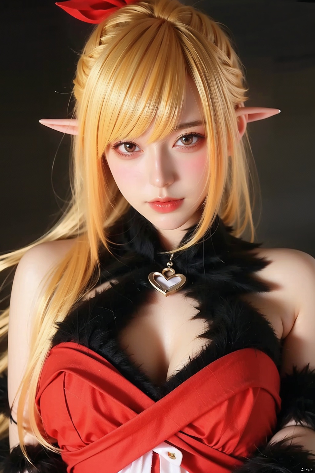 1girl solo long hair breasts smile blonde hair gloves dress ribbon bare shoulders hair ribbon yellow eyes pointy ears elbow gloves red dress oshino shinobu kiss-shot acerola-orion heart-under-blade