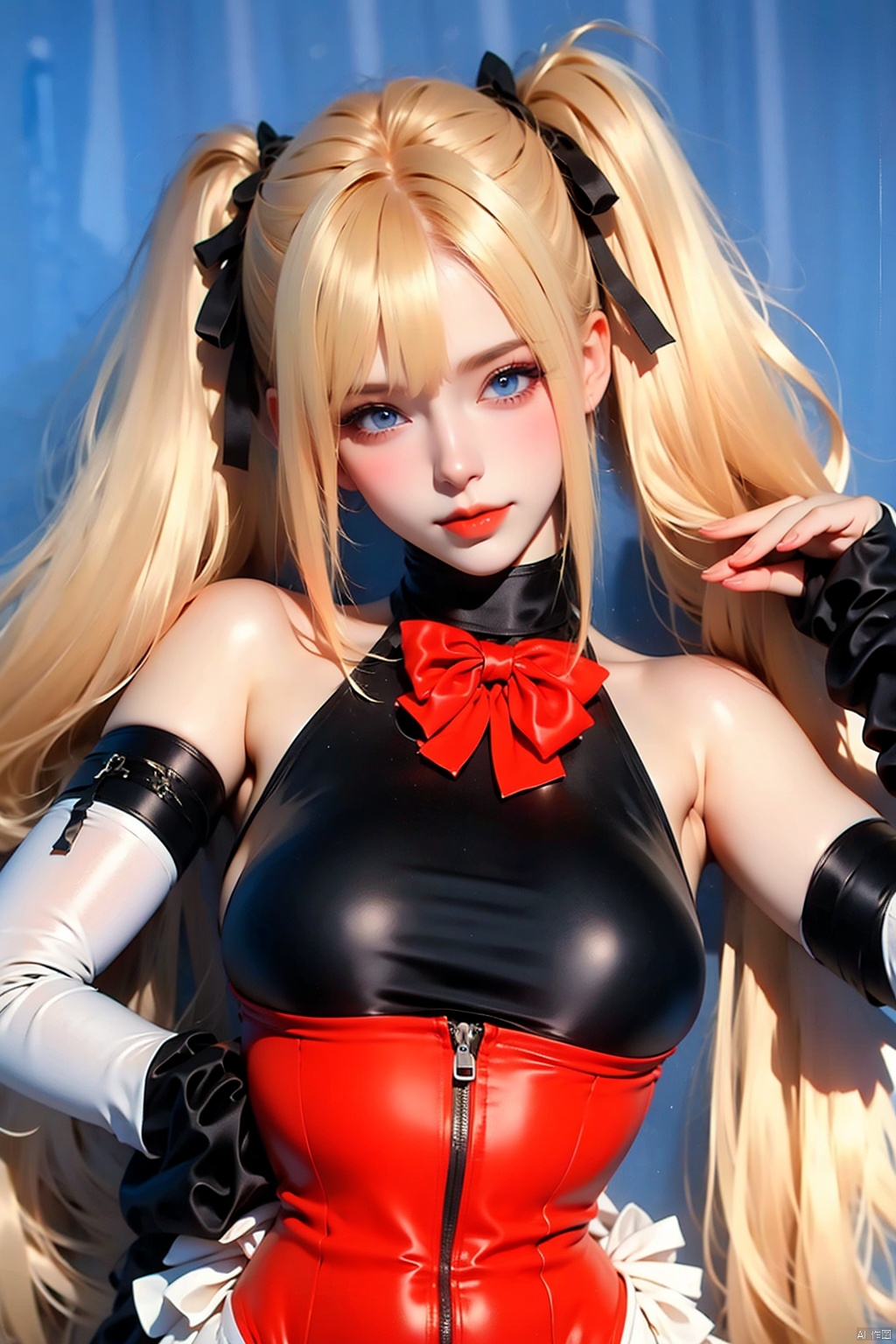 1girl solo long hair looking at viewer smile blue eyes blonde hair gloves bow ribbon bare shoulders twintails swimsuit hair ribbon frills detached sleeves fingerless gloves one-piece swimsuit cosplay black ribbon marie rose