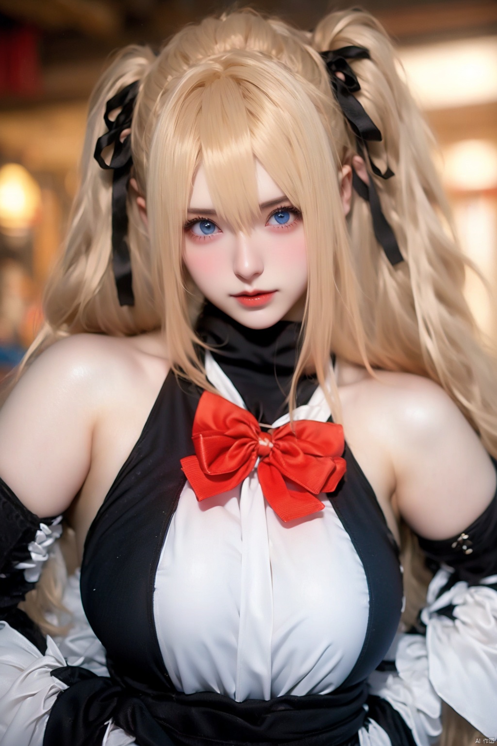 1girl solo long hair looking at viewer smile blue eyes blonde hair gloves bow ribbon bare shoulders twintails swimsuit hair ribbon frills detached sleeves fingerless gloves one-piece swimsuit cosplay black ribbon marie rose