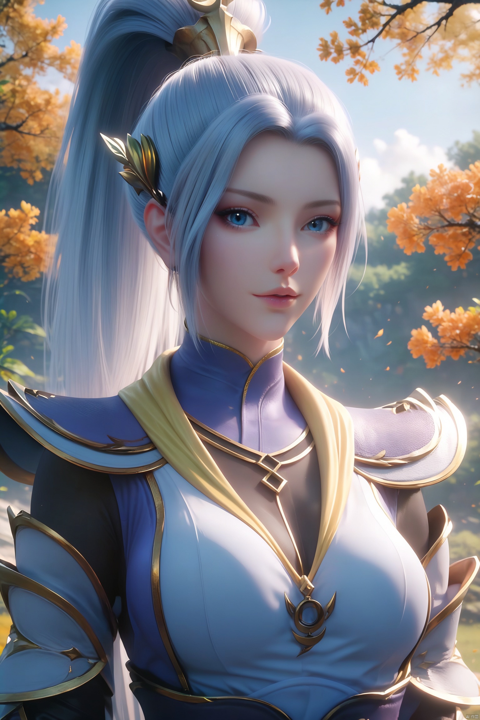score_9, score_8_up, score_7_up,highly detailed digital, 1girl, solo, long hair, breasts, looking at viewer, blue eyes, hair ornament, medium breasts, upper body, ponytail, 