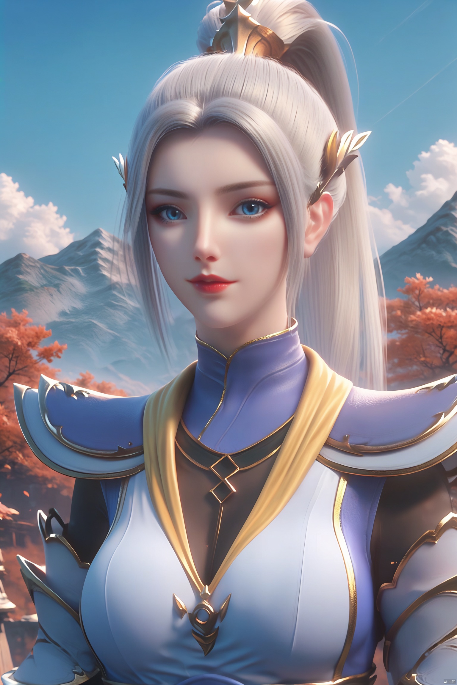 score_9, score_8_up, score_7_up,highly detailed digital, 1girl, solo, long hair, breasts, looking at viewer, blue eyes, hair ornament, medium breasts, upper body, ponytail, outdoors, sky, day, armor, blue sky, mountain, red lips