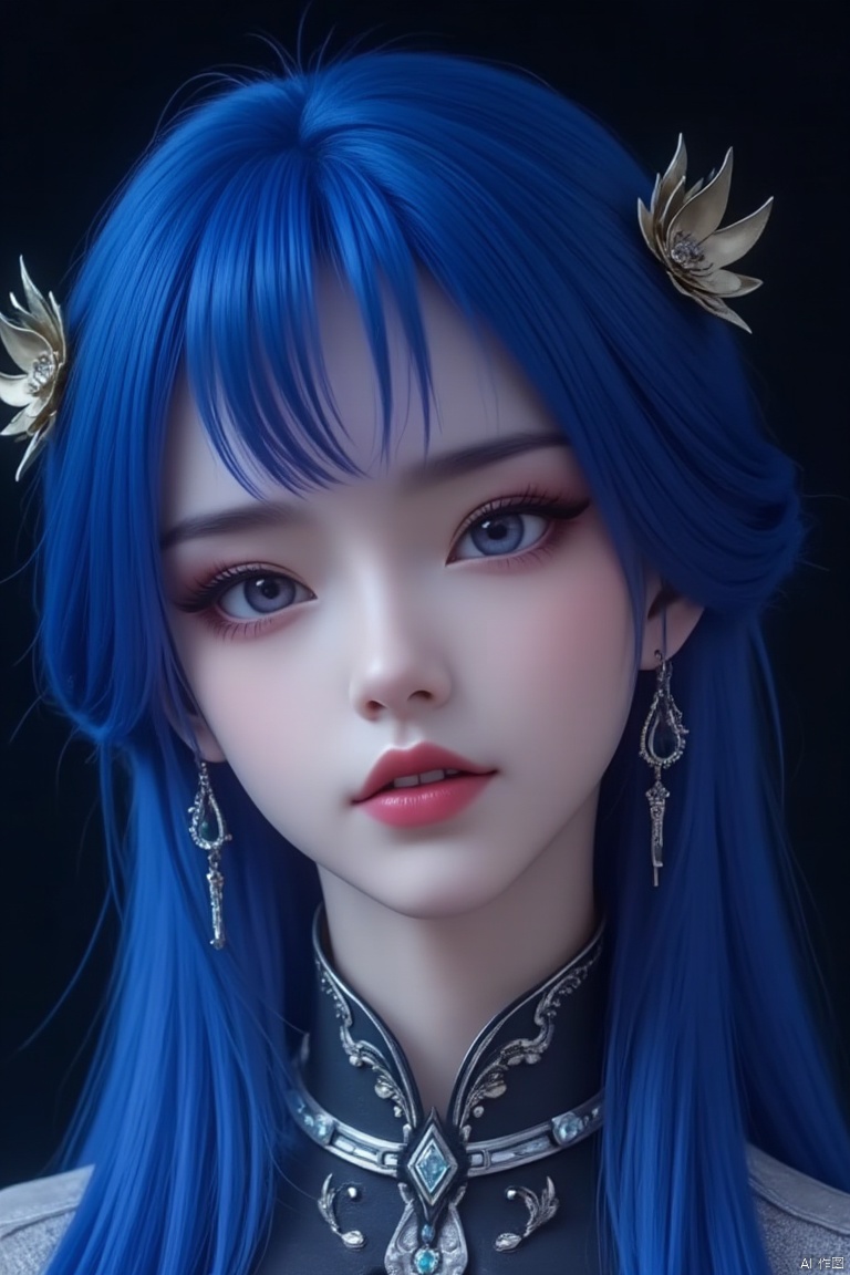 1girl,solo
long hair
looking at viewer
bangs
hair ornament
jewelry
closed mouth
blue hair
earrings
lips
portrait
realistic
dark background