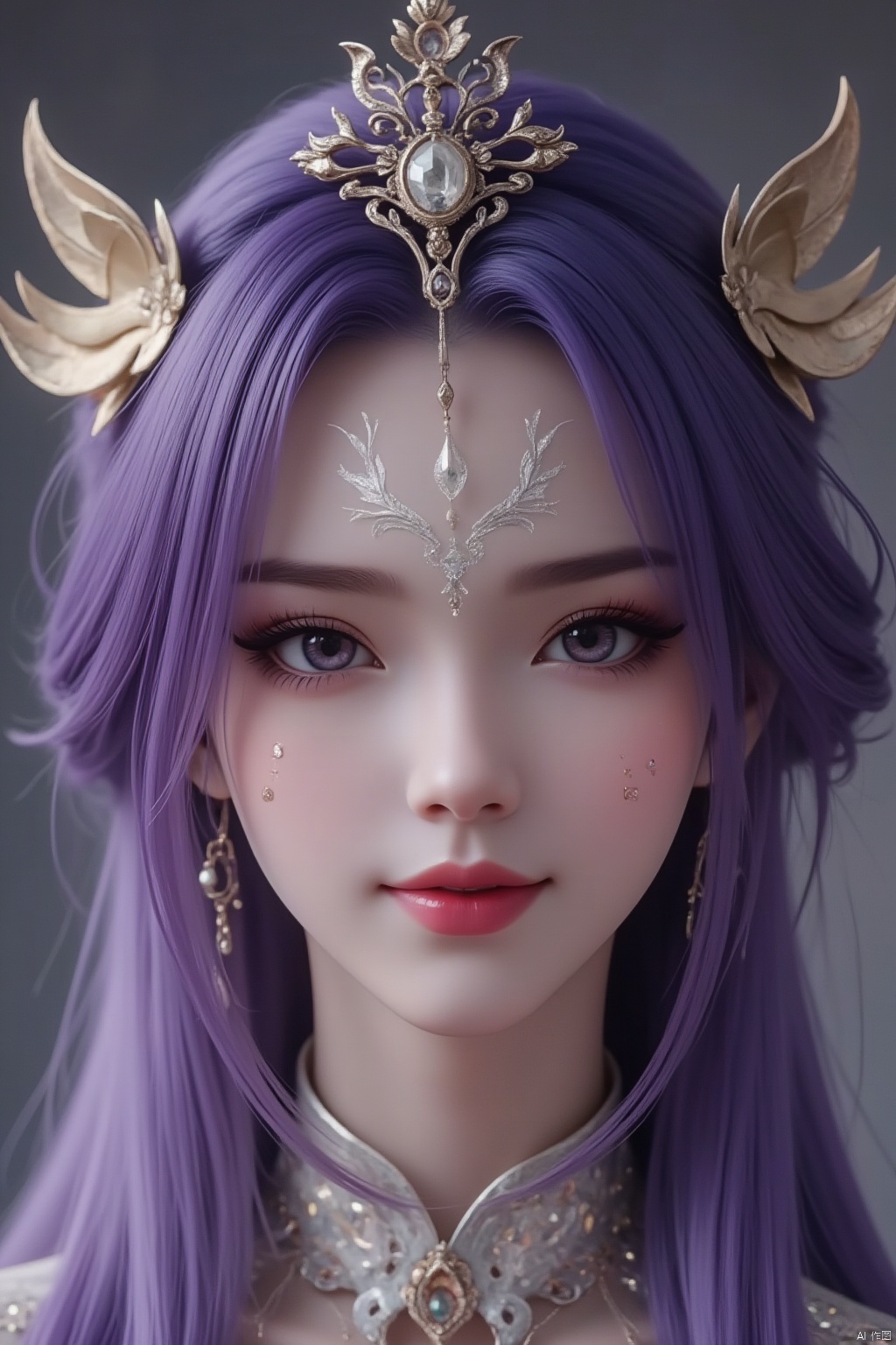 A girl, headdress, smile, slightly cocked lips, purple hair, dark hair, face print, blonde