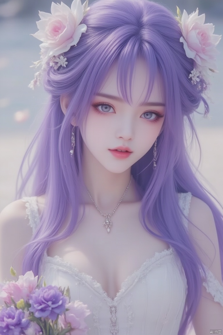 1girl, solo, card:1.4, long hair, breasts, looking at viewer, blue eyes, large breasts, hair ornament, dress, holding, cleavage, jewelry, upper body, purple hair, flower, earrings, hair flower, necklace, white dress, lips, bouquet