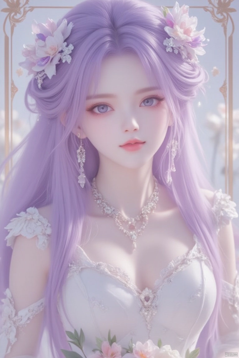 1girl, solo, card:1.4, long hair, breasts, looking at viewer, blue eyes, large breasts, hair ornament, dress, holding, cleavage, jewelry, upper body, purple hair, flower, earrings, hair flower, necklace, white dress, lips, bouquet,Character card,