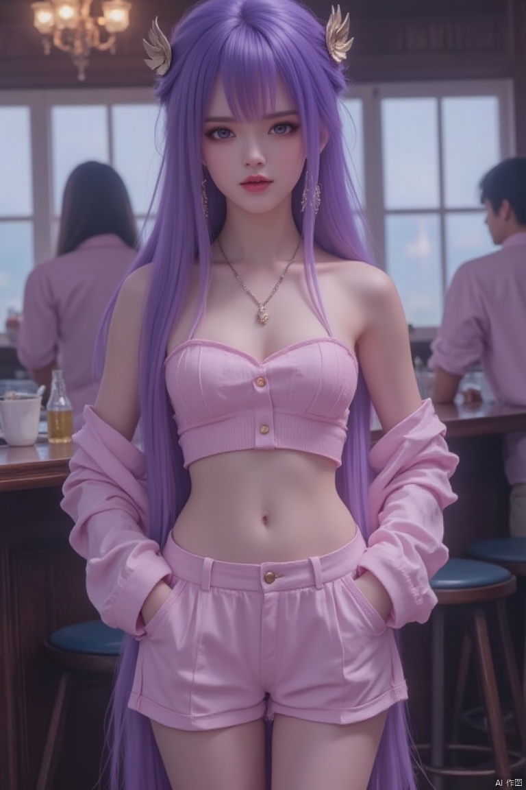 1girl, long hair, breasts, looking at viewer, bangs, multiple girls, large breasts, shirt, navel, bare shoulders, jewelry, medium breasts, sitting, closed mouth, standing, purple eyes, purple hair, cowboy shot, earrings, shorts, solo focus, midriff, indoors, cup, lips, crop top, short shorts, window, bottle, camisole, pink shirt, realistic, hands in pockets, spaghetti strap, stool, bar \(place\), counter, bar stool