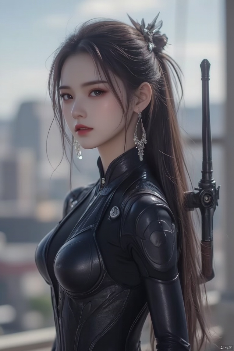1girl, solo, long hair, breasts, looking at viewer, brown hair, black hair, closed mouth, standing, ponytail, weapon, cowboy shot, earrings, outdoors, day, armor, lips, bodysuit, building, science fiction, city, realistic