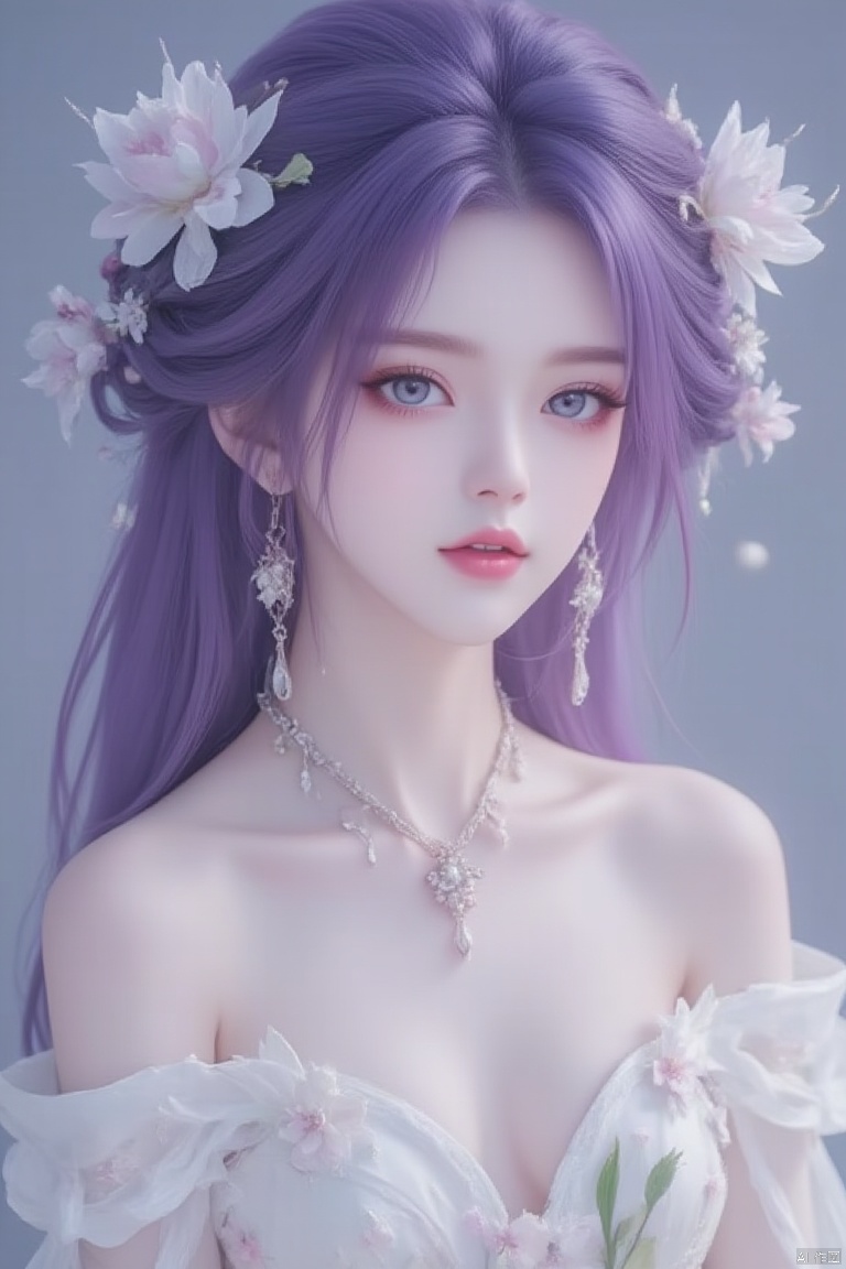 1girl, solo, long hair, breasts, looking at viewer, blue eyes, large breasts, hair ornament, dress, holding, cleavage, jewelry, upper body, purple hair, flower, earrings, hair flower, necklace, white dress, lips, bouquet