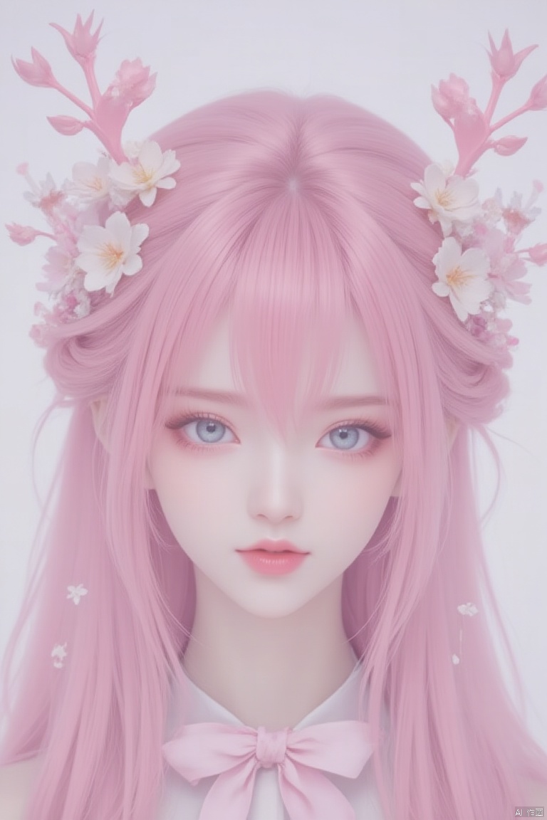 solo
long hair
looking at viewer
bangs
blue eyes
simple background
hair ornament
white background
animal ears
hair between eyes
closed mouth
pink hair
flower
hair flower
lips
makeup
portrait
realistic
branch
red lips
yae sakura