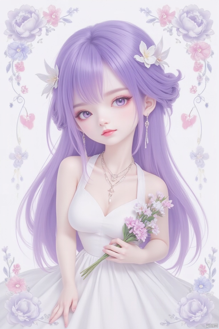 1girl, solo, card:1.4, long hair, breasts, looking at viewer, blue eyes, large breasts, hair ornament, dress, holding, cleavage, jewelry, upper body, purple hair, flower, earrings, hair flower, necklace, white dress, lips, bouquet,Character card,