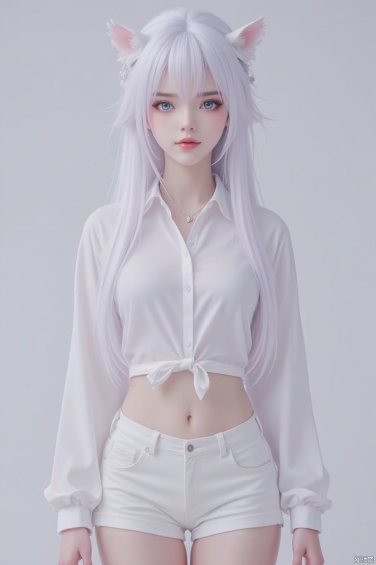 1girl, solo, long hair, breasts, looking at viewer, bangs, blue eyes, large breasts, shirt, navel, standing, white shirt, white hair, thighs, shorts, midriff, collared shirt, lips, see-through, short shorts, thick thighs, white shorts, realistic, arms at sides, tied shirt
