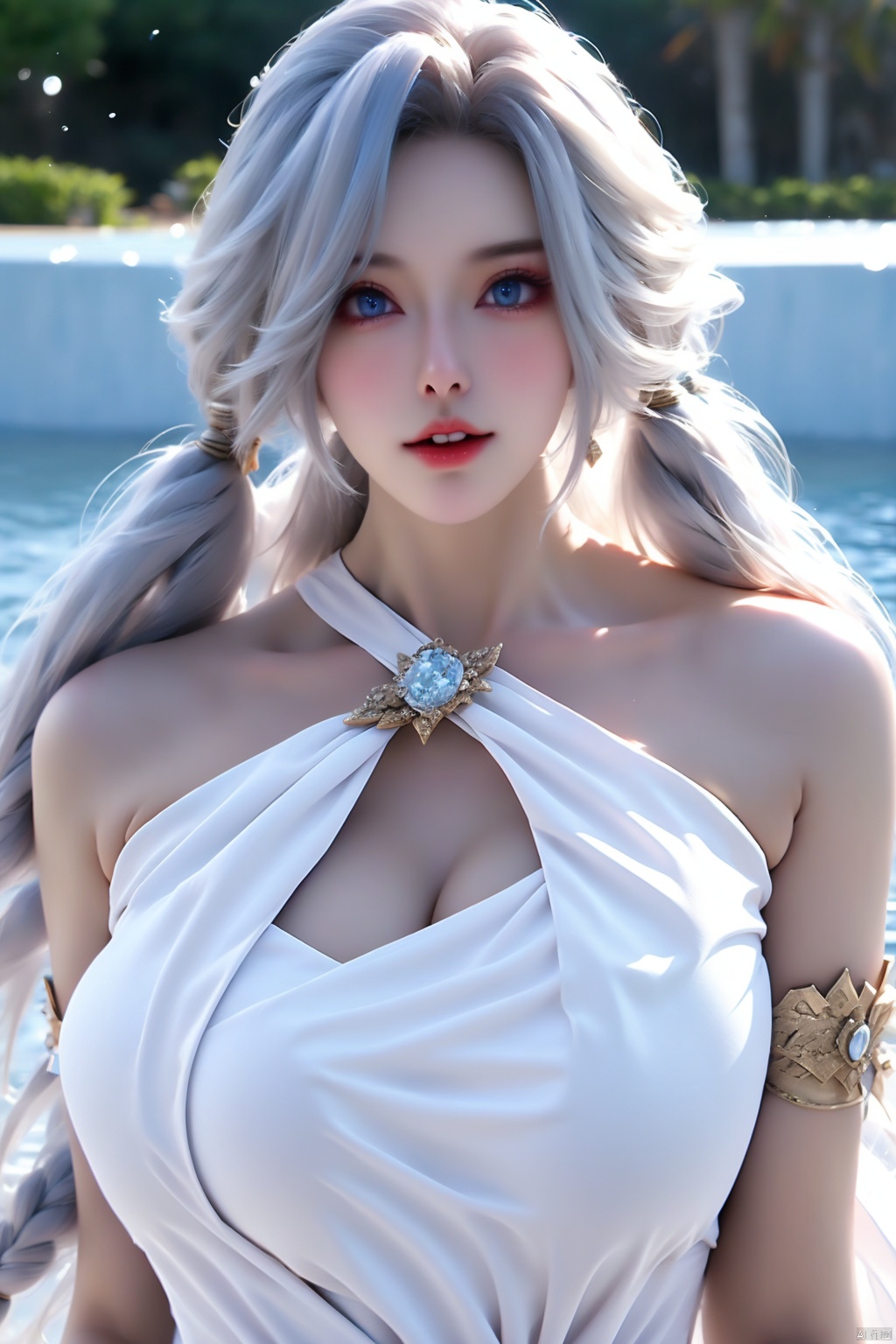 1girl solo long hair breasts looking at viewer smile bangs blue eyes large breasts dress cleavage bare shoulders twintails upper body white hair parted lips teeth water white dress lips halterneck armlet o-ring realistic pool photo background