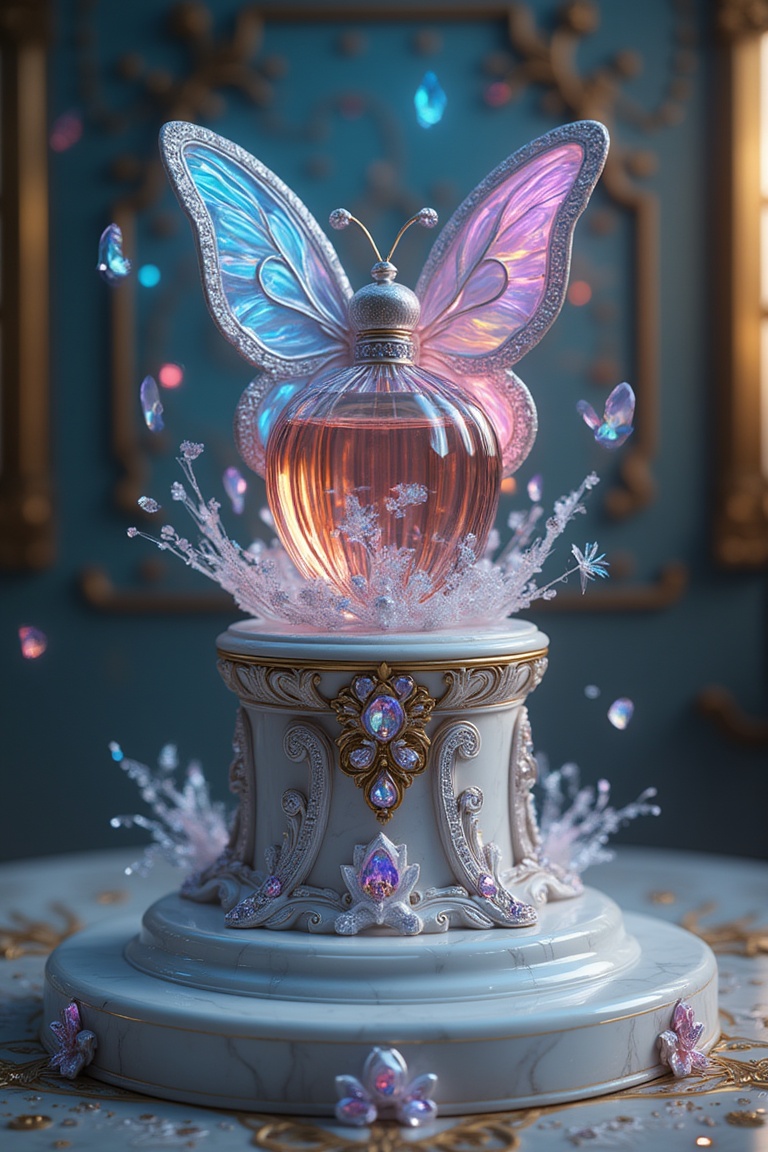 A majestic perfume throne unfolds: a pedestal of gleaming white marble,  adorned with ornate baroque carvings,  supports t...