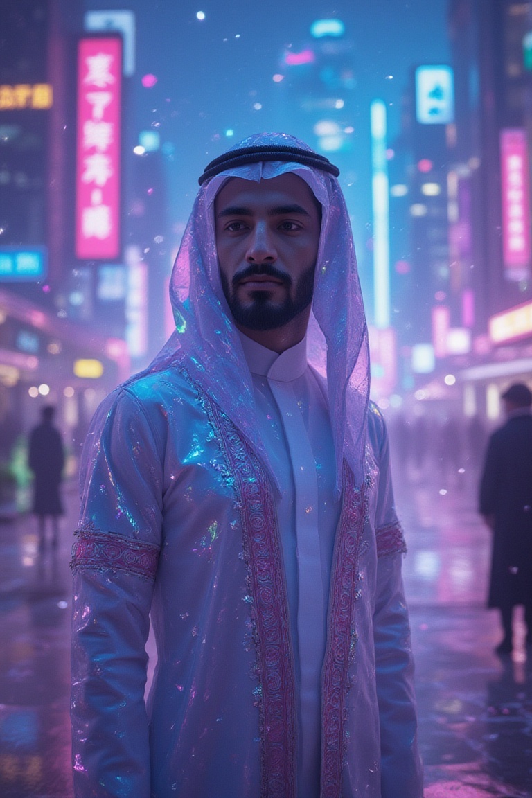 Arthur Szyk-inspired digital artwork depicts a Saudi Arabian man,  resplendent in traditional attire,  standing out agains...
