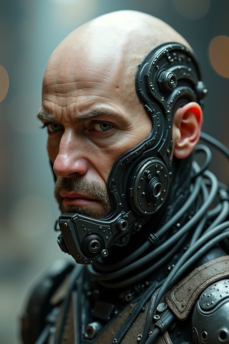 A highly detailed cyberpunk male cyborg with a completely bald head,  realistic human features,  and intricate mechanical...