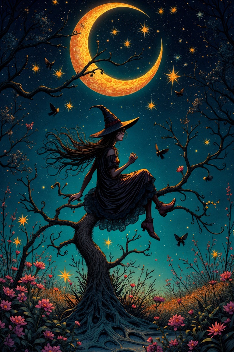 extreme detailed,  a witch sitting on a crescent moon through a starry night,  captured in the detailed gouache style of H...
