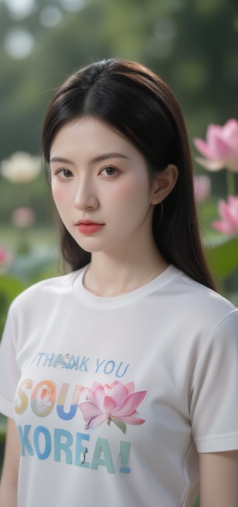 A 22-year-old South-Asian girl with a stunning face featuring sharp cheekbones, thin eyebrows, and long lashes. Her wavy, dense black hair cascades down her back like a waterfall. A friendly beautiful smile plays on her lips, painted a soft pink. She wears a crisp white t-shirt with bold typography text with colors inspired by South Korean flag reading '/THANK YOU SOUTH KOREA!/' across the chest. The serene garden background features lush greenery and vibrant flowers, including a majestic lotus at its center. Effect: HDR, Highly detailed.