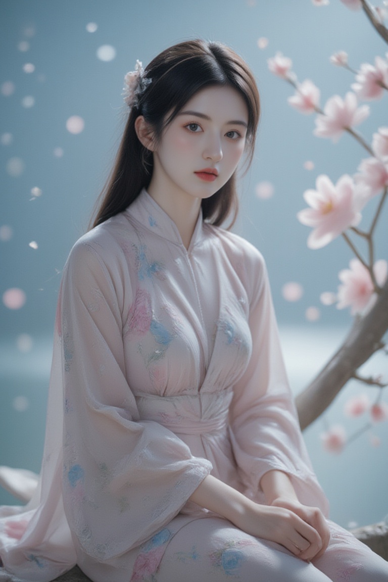 Here's a prompt for an SD model:

A breathtaking ethereal RAW photo of a serene Japanese girl, sitting on a tree branch amidst cherry blossoms and falling petals. Her long black hair flows behind her like a river of night, adorned with delicate flowers and braids. Her kimono is a masterpiece of intricate floral patterns, with wide sleeves billowing in the gentle wind. Her dark blue eyes sparkle with joy as she gazes upward, her full lips curved into a warm smile. The soft pink hue of the blossoms harmonizes with her rosy cheeks, set against a subtle gradient of sky blue and white clouds. The framing is cinematic, with the branch serving as a natural frame. Volumetric lighting casts dramatic shadows on her face and kimono, while dynamic lighting illuminates the delicate details of her hair ornaments and kimono patterns. This stunning image exudes a sense of tranquility, like a scene from a Japanese watercolor painting.