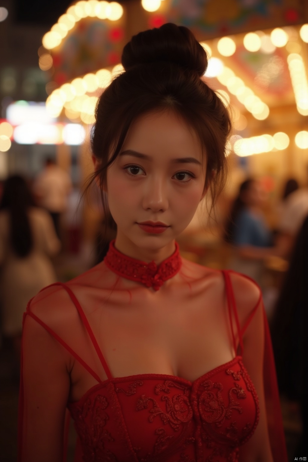 (((night scene))),light spots,blurred foreground,blurred background,bun,(((realistic facial skin))),((look elsewhere:1.6)),(((dark theme))),stunning beauty,a beautiful Chinese girl,character background,(half-length lens:1.6),slender hands,concave and convex body curves,exquisite facial features,Chinese clothing,(((wearing solid color transparent Chinese dress))),(ultra-detailed Chinese clothing details),transparency,waist and hip focus,virtual depth of field,16k image quality,rendered by octane number,playground,((((carousel)))),lighting,crowd,thick thighs,3d image quality beauty,details,light and shadow,soft face light,Chinese clothing,(big ass:1.5),16K -- ar 9:16 -- s 750 -- niji 5,