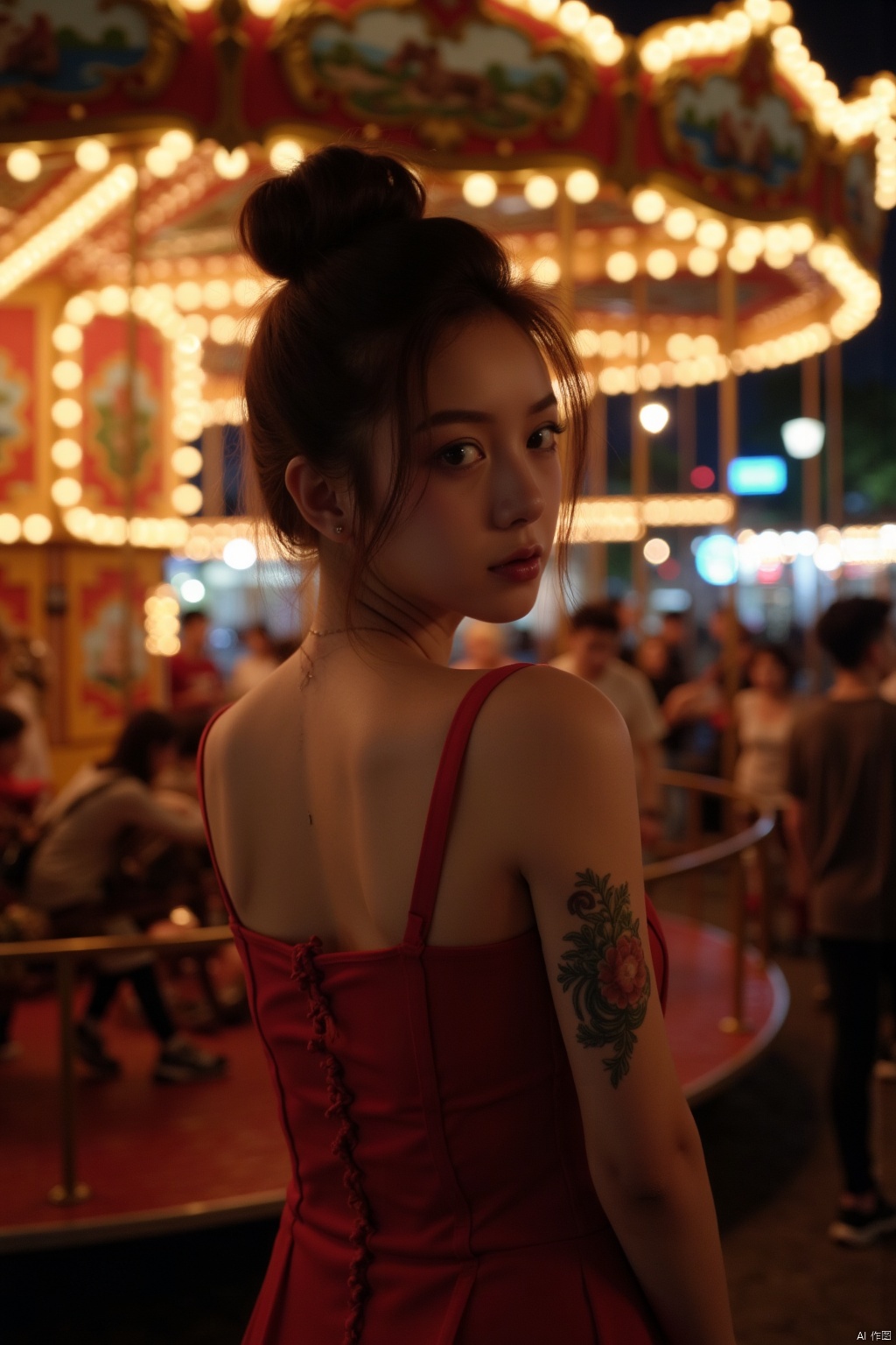 (((night scene))),light spots,blurred foreground,blurred background,bun,(((realistic facial skin))),((look elsewhere:1.6)),(((dark theme))),stunning beauty,a beautiful Chinese girl,character background,(half-length lens:1.6),slender hands,concave and convex body curves,exquisite facial features,Chinese clothing,(((wearing solid color transparent Chinese dress))),(ultra-detailed Chinese clothing details),transparency,waist and hip focus,virtual depth of field,16k image quality,rendered by octane number,playground,((((carousel)))),lighting,crowd,thick thighs,3d image quality beauty,details,light and shadow,soft face light,Chinese clothing,(big ass:1.5),16K -- ar 9:16 -- s 750 -- niji 5,