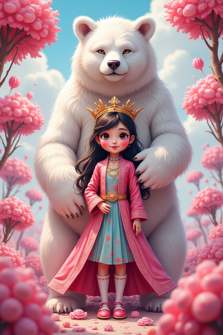 Here is the refined prompt:"Vibrant candy world,  intricately detailed Vietnamese doll-like girl,  surrounded by swirling...