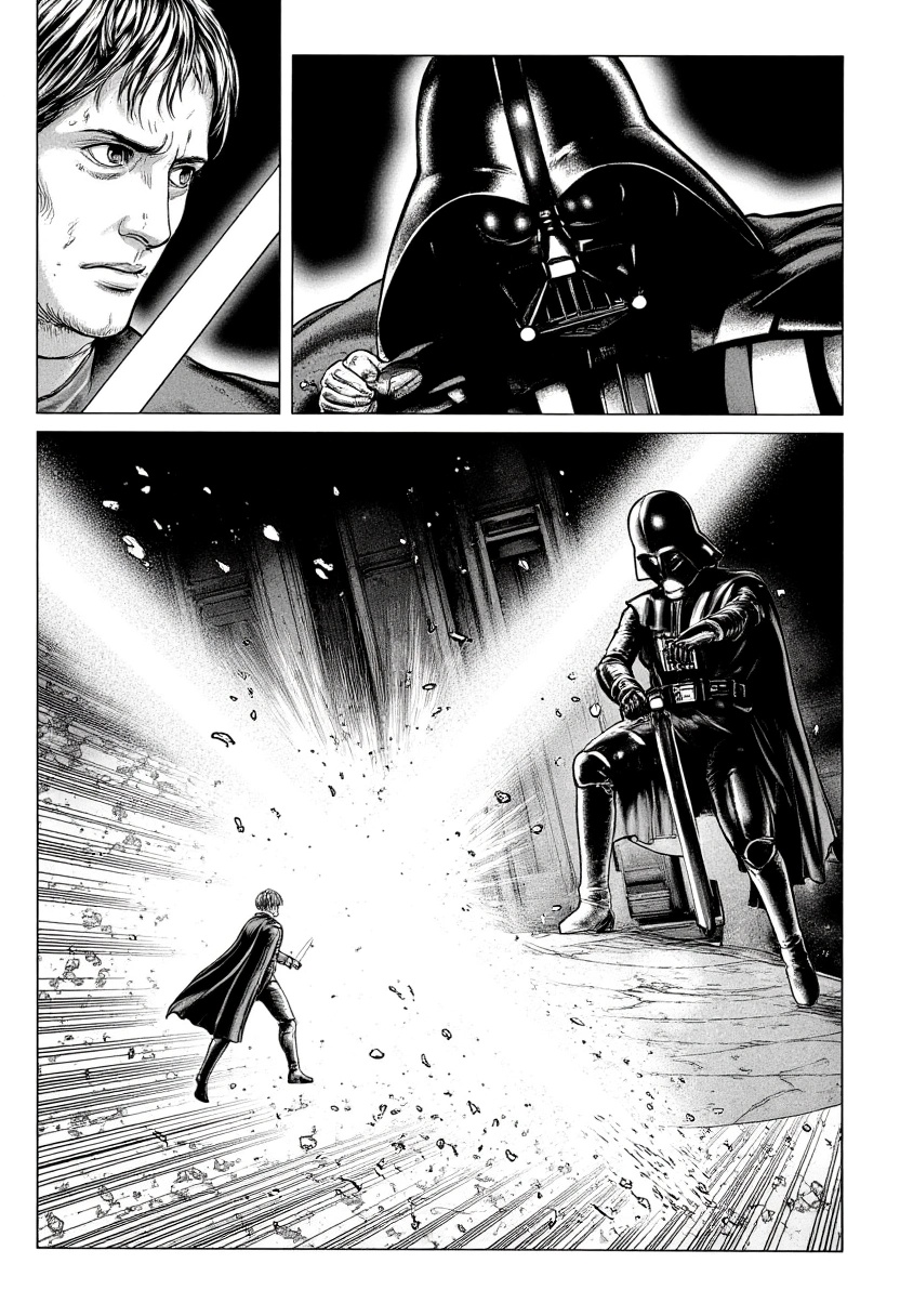 A black-and-white manga scene inspired by Star Wars: The Empire Strikes Back (Luke vs. Darth Vader Duel)A climactic and in...