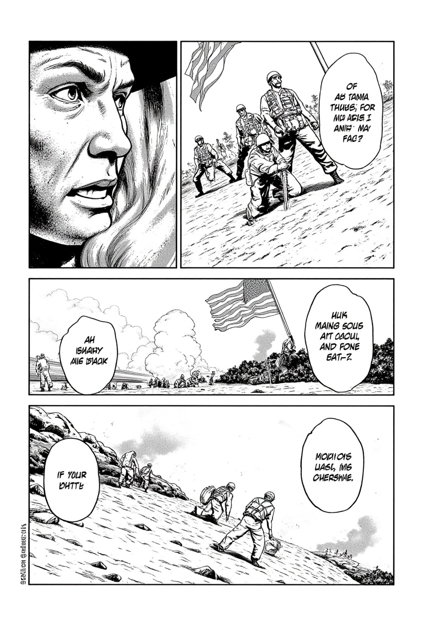 A black-and-white manga scene inspired by The Battle of Iwo Jima (February 19 â March 26,  1945)A poignant moment captur...