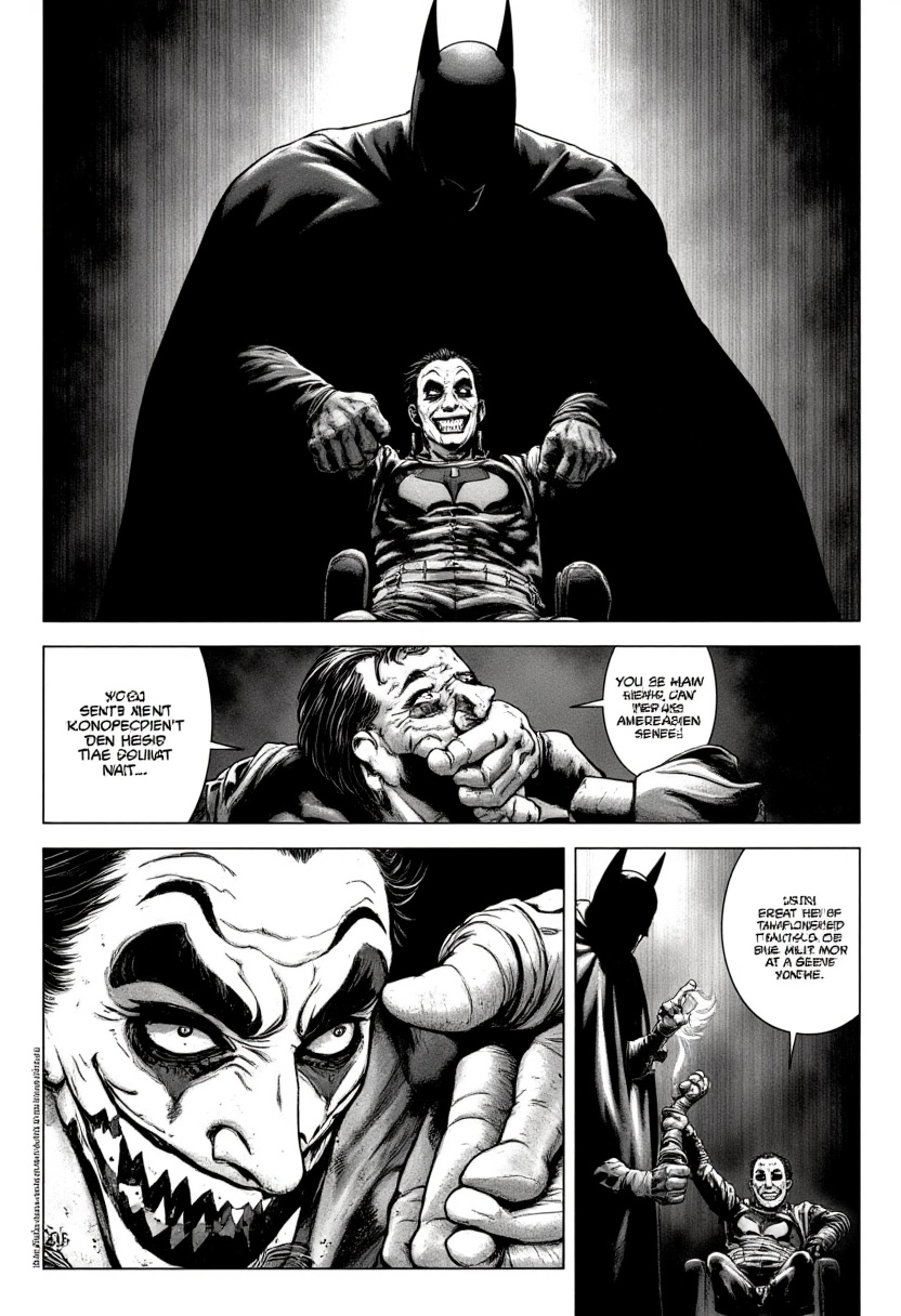 A black-and-white manga scene inspired by The Dark Knight (Joker Interrogation Scene)A tense psychological showdown betwee...