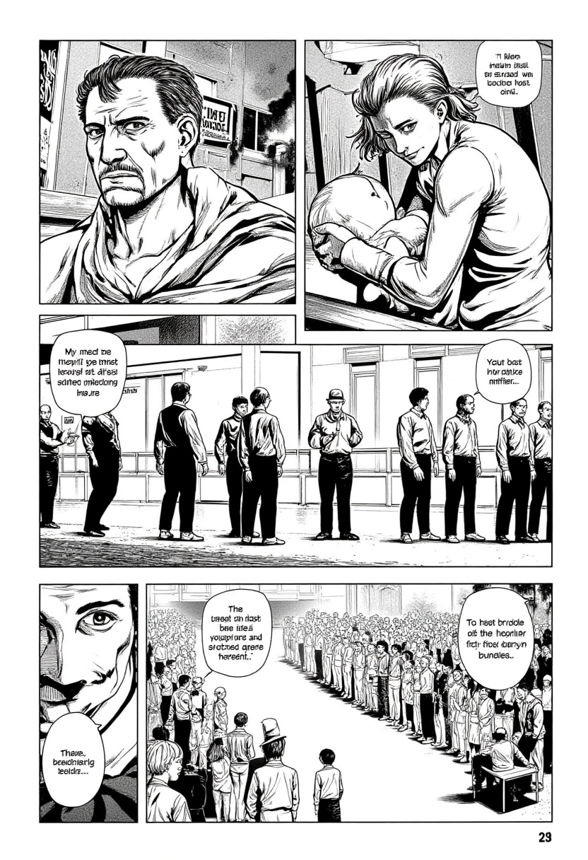 A black-and-white manga scene inspired by The Great Depression (1929-1939)A poignant moment illustrating the struggles fac...