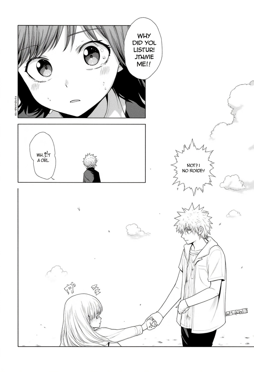 Three-panel black-and-white manga scene with emotional confrontationA traditional manga-style page in black and white.Pane...