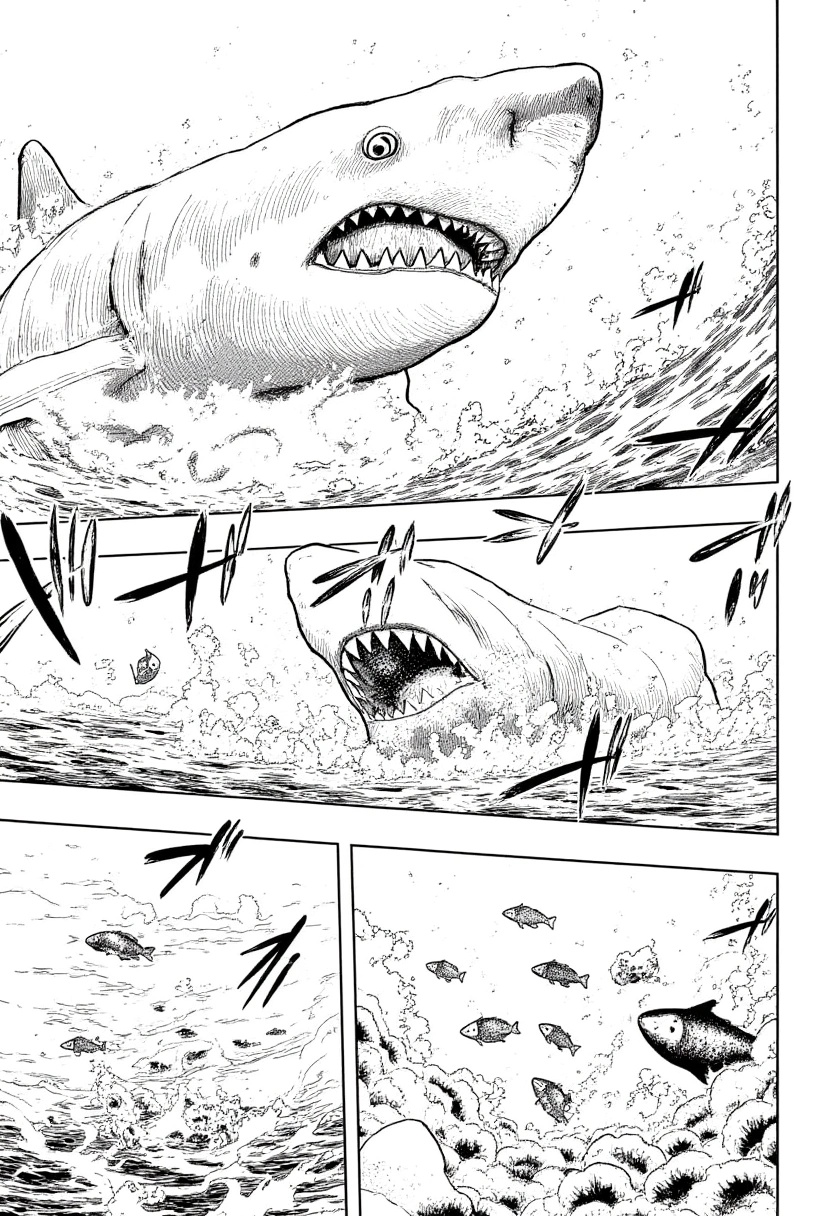 A black-and-white manga scene depicting a great white shark hunting in the oceanThe moment a shark approaches its prey wit...