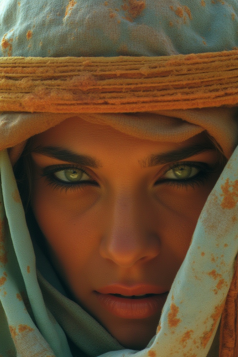woM4gV1nt4g3 style,  A woman in the desert of saara,  she is wearing clothes that covers her whole body except for her gre...