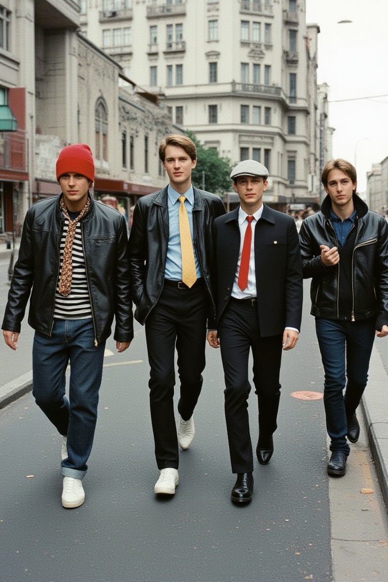 woM4gV1nt4g3 style,  4 young men walk down the street looking cool. on Tensor.Art