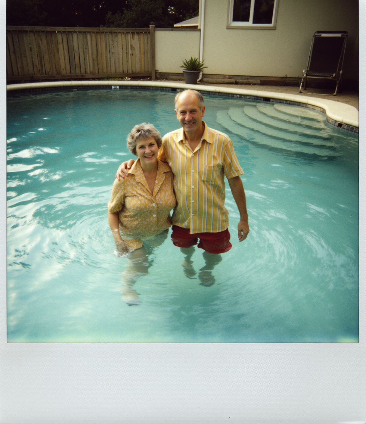 Polaroid frame of a old couple at a home swimming pool on Tensor.Art