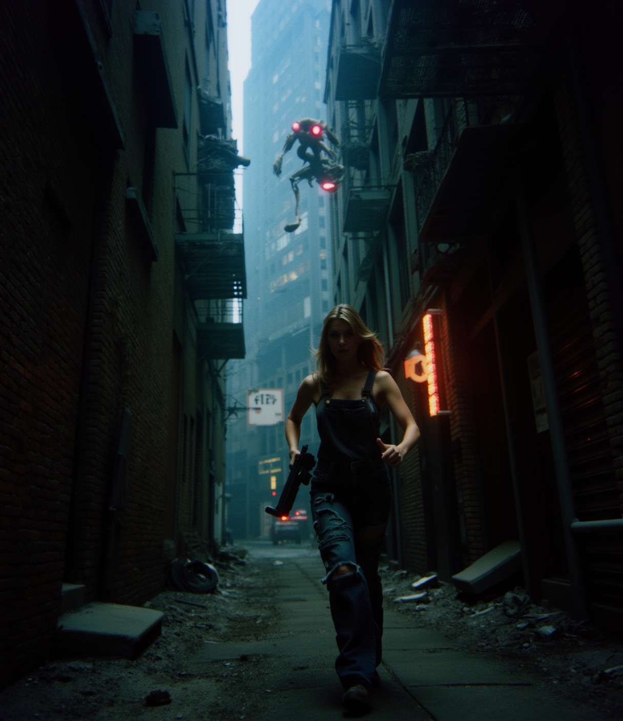 Polaroid frame of Close up,  overhead shot of a woman running down a dark alleyway between two crumbling high-rise buildin...
