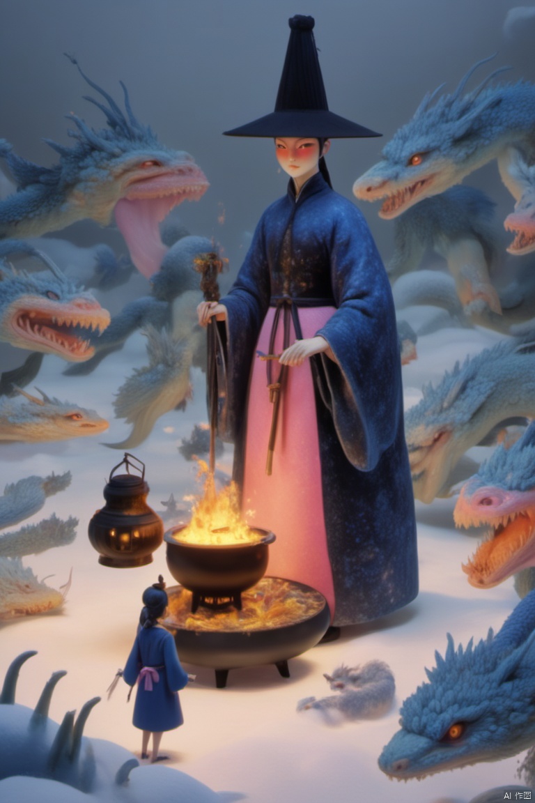 a vibrant blue figurine stands atop a mound of snow. The figurine, dressed in a blue robe, is adorned with a black pointed hat, holding a stick in one hand and a lantern in the other. To the right of the figurine is a woman in a pink dress, standing in front of a large pot filled with fire. The scene is set against a dark backdrop, with two blue dragons on either side of her.,This style comes from yt Dream