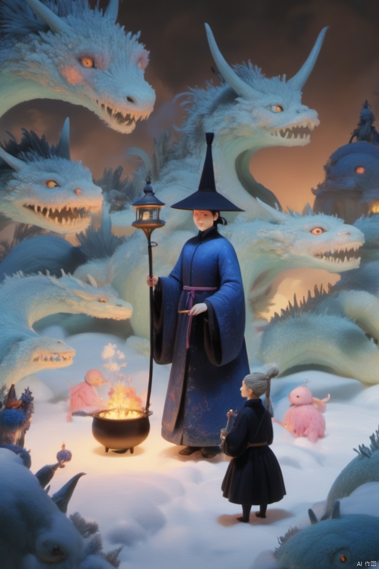 a vibrant blue figurine stands atop a mound of snow. The figurine, dressed in a blue robe, is adorned with a black pointed hat, holding a stick in one hand and a lantern in the other. To the right of the figurine is a woman in a pink dress, standing in front of a large pot filled with fire. The scene is set against a dark backdrop, with two blue dragons on either side of her.