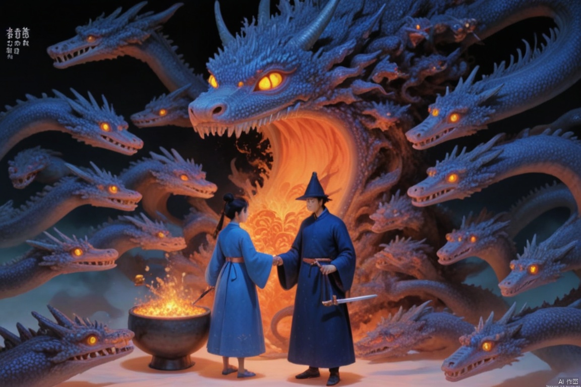 This style comes from yt Dream,A dramatic tableau unfolds: a stalwart figure, dressed in a majestic blue robe and adorned with a matching hat, stands resolute before a fiery bowl, one hand grasping a sword, the other a sturdy stick. Flanking him is a petite girl in a vibrant pink dress. Against this striking backdrop of deep black, a massive blue dragon turns its gaze directly at the viewer, its piercing orange eyes adding a bold splash of color to the otherwise monochromatic scene.,