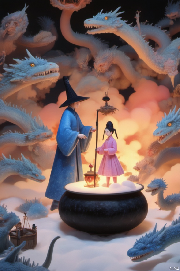 a vibrant blue figurine stands atop a mound of snow. The figurine, dressed in a blue robe, is adorned with a black pointed hat, holding a stick in one hand and a lantern in the other. To the right of the figurine is a woman in a pink dress, standing in front of a large pot filled with fire. The scene is set against a dark backdrop, with two blue dragons on either side of her.,This style comes from yt Dream