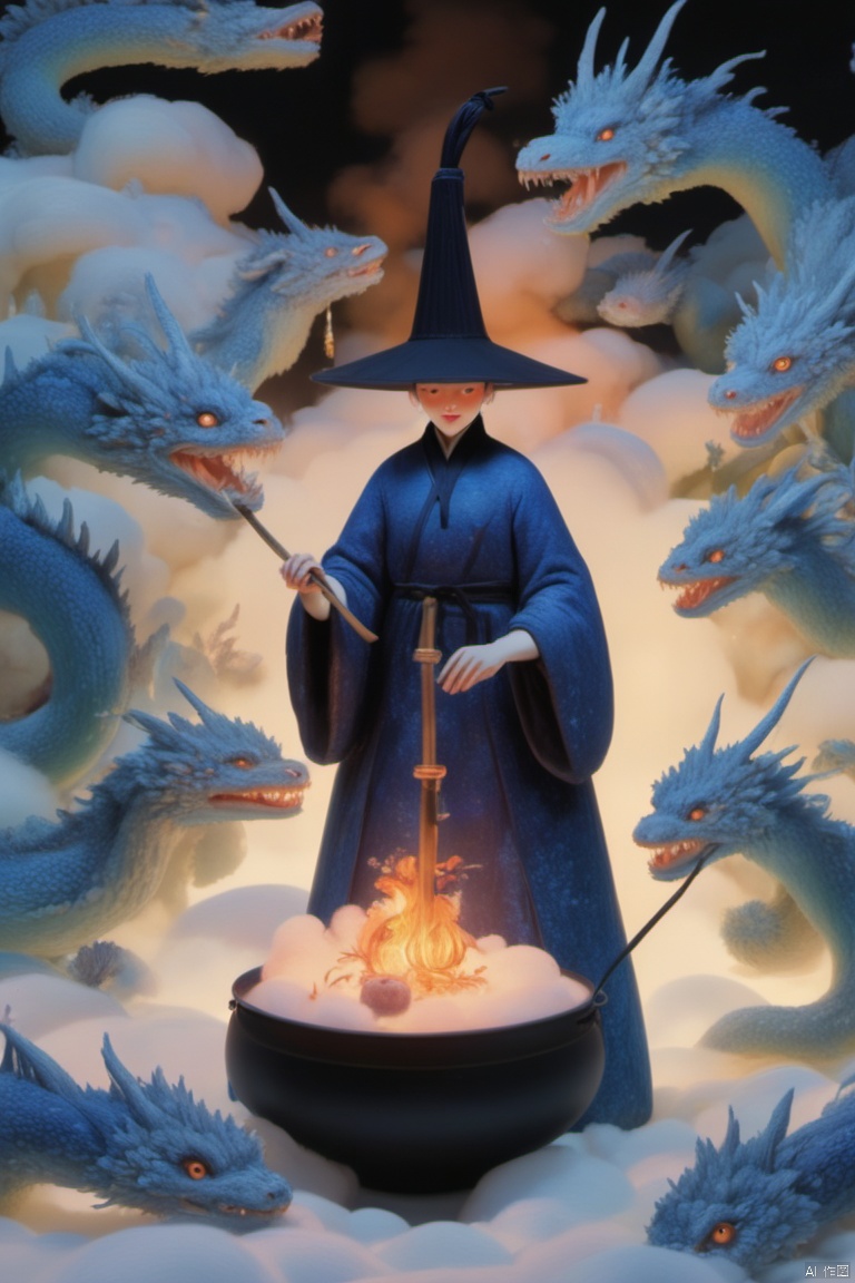 a vibrant blue figurine stands atop a mound of snow. The figurine, dressed in a blue robe, is adorned with a black pointed hat, holding a stick in one hand and a lantern in the other. To the right of the figurine is a woman in a pink dress, standing in front of a large pot filled with fire. The scene is set against a dark backdrop, with two blue dragons on either side of her.