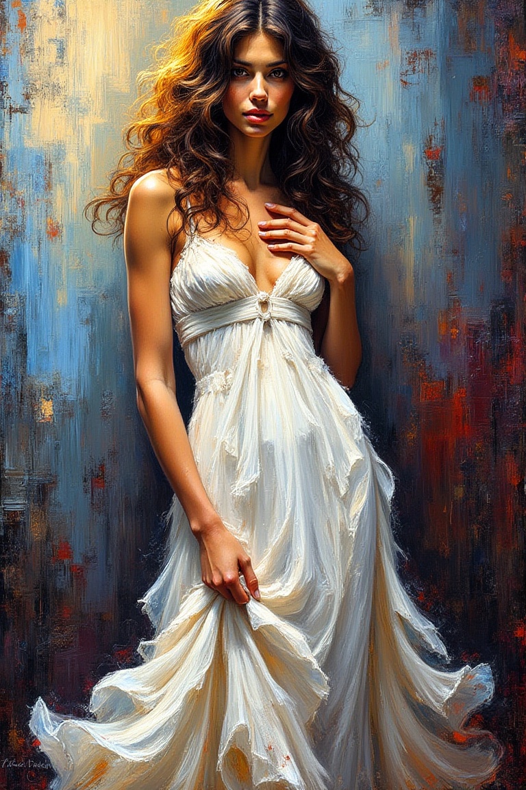 "An abstract,  impressionist oil painting of a stunningly beautiful woman wearing a flowing white dress,  with vibrant on...