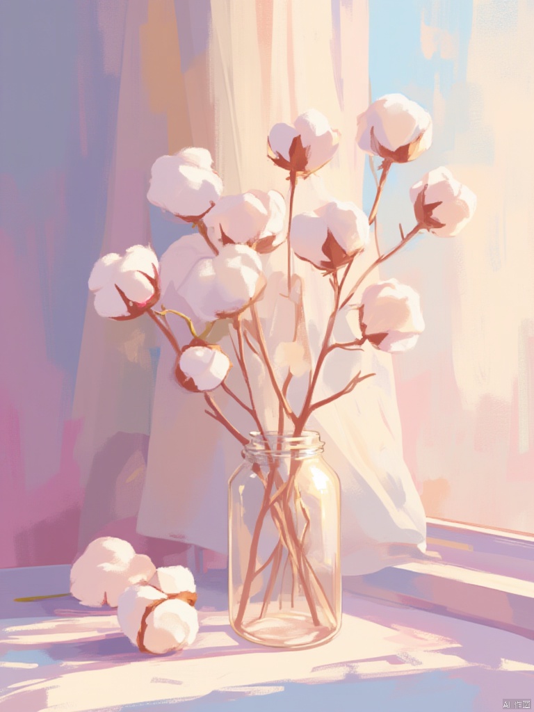 OBzych,
An abstract painting of a glass jar filled with cotton flowers. The cotton flowers are white and fluffy. The stems of the cotton flowers have brown stems. The jar is made of glass and is sitting on a window sill. There are cotton flowers to the left of the jar. There is a window to the right of the glass jar. The window has a white curtain on it. The sun is shining through the window.