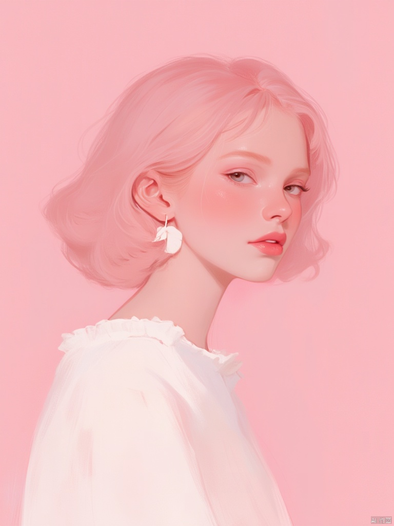 OBzych,
a medium-angle shot of a woman's face is depicted in a pink and white monochromatic fashion
adorned with a white bow in her hair. The woman's hair cascades over her shoulders
adding a touch of beauty to the scene. The background is a soft pink
creating a stark contrast to the woman's white dress.