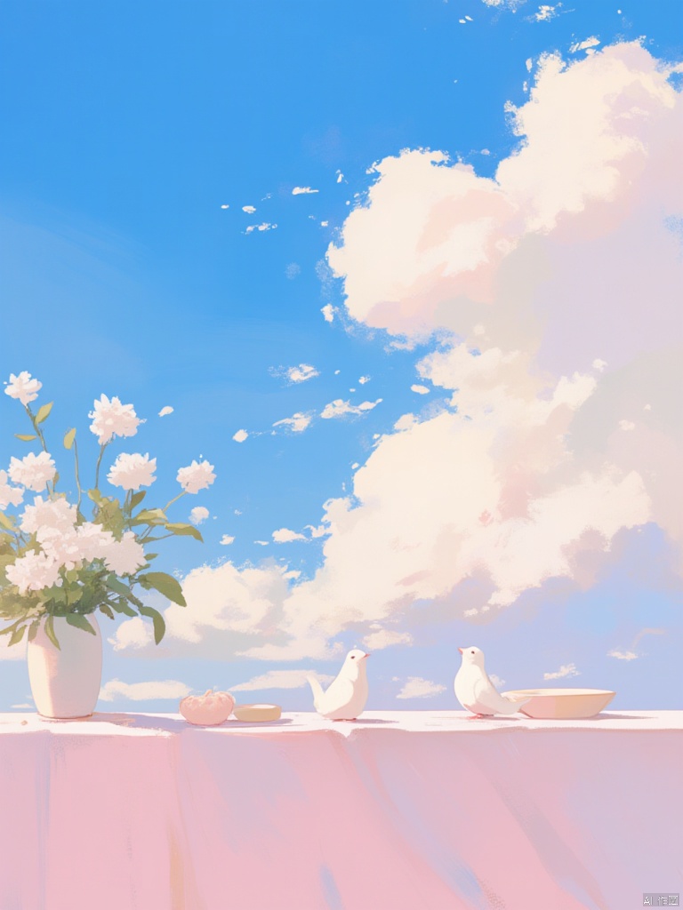 OBzych,
Captured from a low-angle perspective on a vibrant day
the sky is a deep blue
dotted with fluffy white clouds. In the foreground
a pink tablecloth is draped over the table
adding a touch of color to the scene. The table is adorned with a white vase
adorned with white flowers and green leaves. The vase is positioned in the center of the frame
adding depth to the composition. Three white birds are perched on the table along with a small white bowl and a white plate.