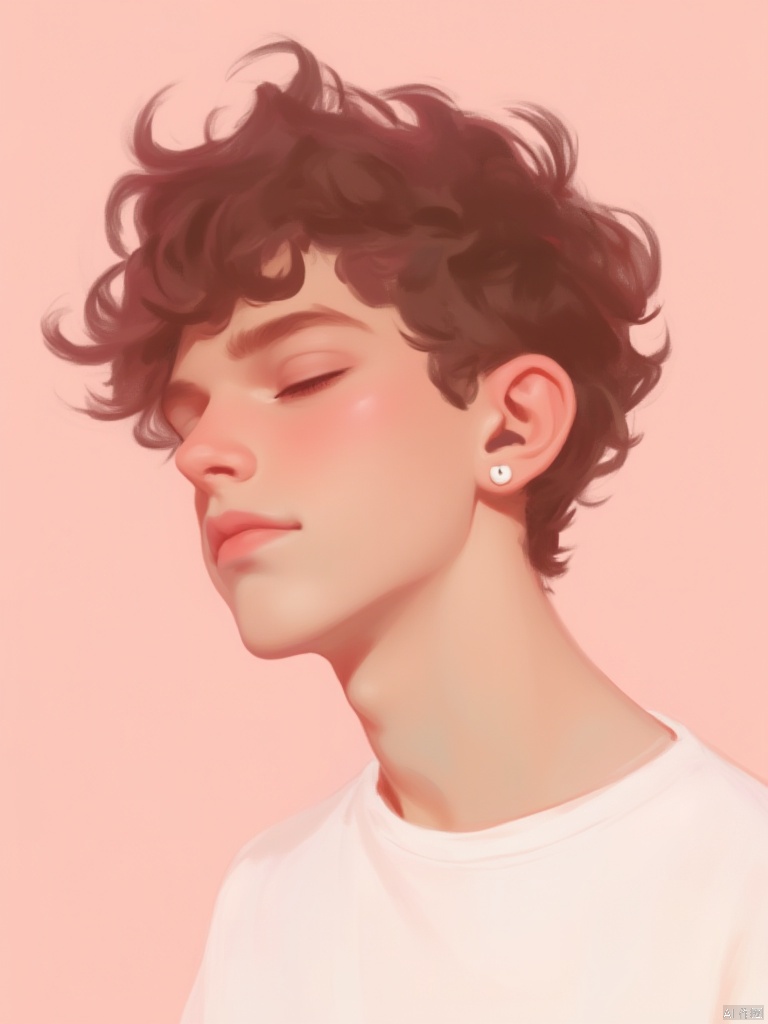 OBzych,
A digital art painting of a young boy with curly brown hair. His eyes are closed and he is looking to the right. He is wearing a white t-shirt with a maroon collar. His left ear is sticking out of his left ear. His right ear is shaped like an ear bud. The background is a light pink color.