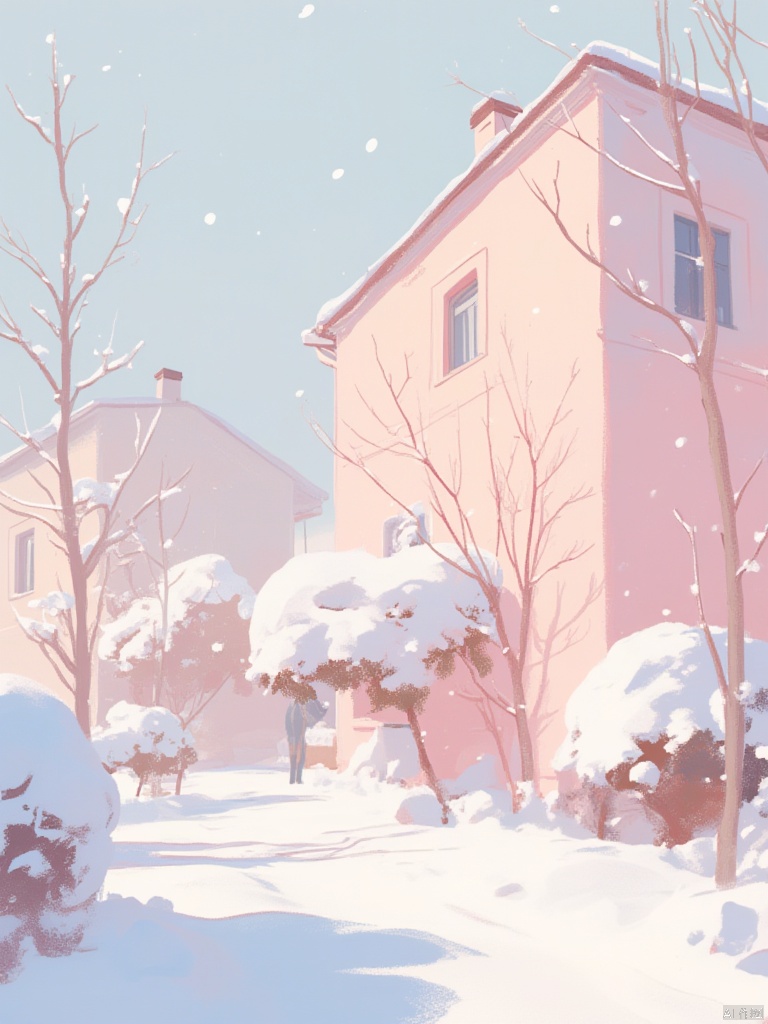 OBzych,An eye-level view of a pink house covered in snow. The house is situated on the right side of the image
with two windows visible on the left side. There are bare trees in the foreground
with snow on the ground. The sky is a light blue color
and there are white dots visible in the sky.
