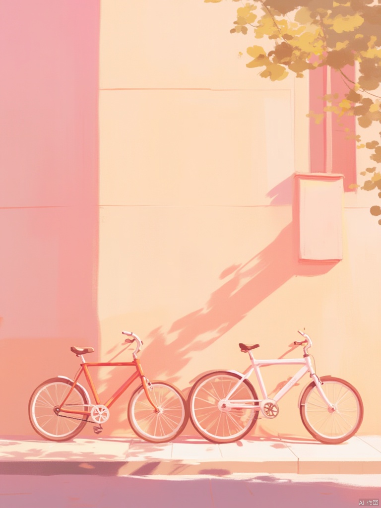OBzych,
two bicycles are parked on a sidewalk in front of a wall. The bicycle on the left is red
while the one on the right is white. Both bicycles have white handles on the handles. The wall behind them is a light peach color
and there is a shadow of a tree on the wall to the right of the bicycles. The shadow of the tree is cast on the ground below them.
